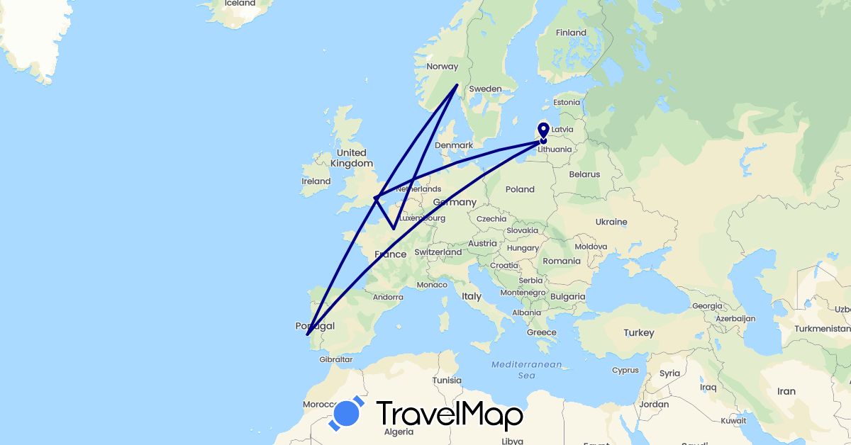 TravelMap itinerary: driving in France, United Kingdom, Lithuania, Norway, Portugal (Europe)